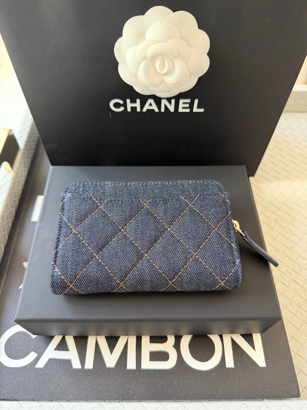 Chanel 26P Classic Zipped Zip Coin Purse Denim Dark Blue Orange mJean Wallet NWT - Picture 11 of 17